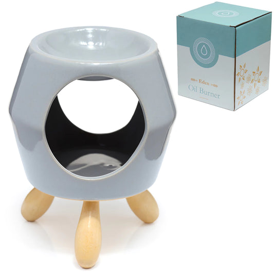 Gray Geometric Eden Ceramic Oil Burner – Κεραμικός Καυστήρας με Ξύλινη Βάση